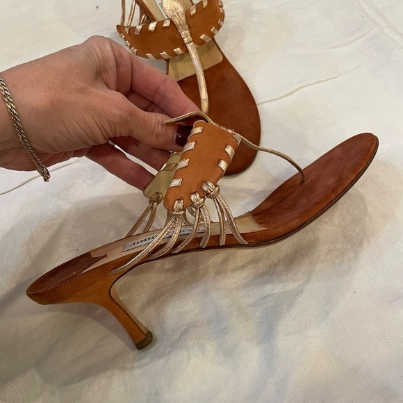 Jimmy Choo Sandals low kitten heel thong open back brown leather designer - Picture 2 of 10